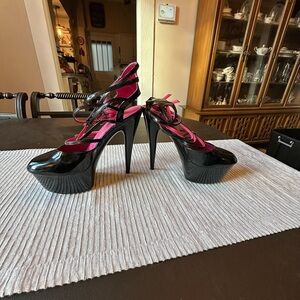 Ellie Black Patent Platform Heels with Pink Accents